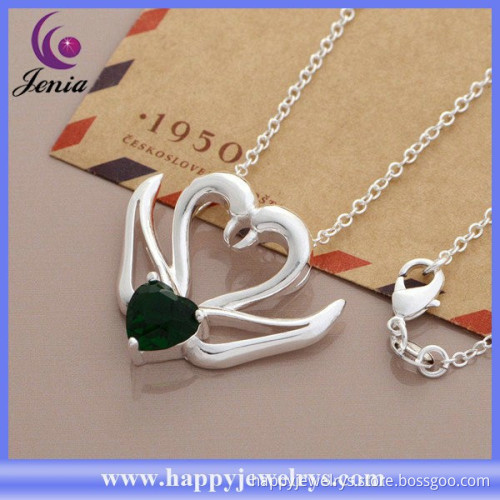 Elegant swan pendant green zircon 925 silver plated latest design beads necklace (AN1024)